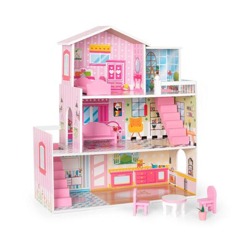 Ansyun Wooden Dollhouse with 2 feet Tall 8 Pieces 3 Layers Play Dollhouse for Ages 3+,Pink