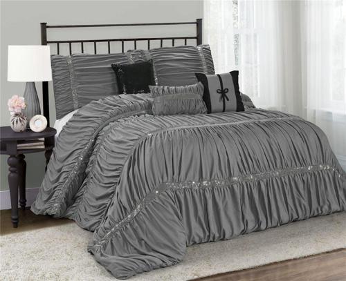 7 Piece Comforter Set Queen - Gray Microfiber Ruffles Black Sequins Embroidery-CLARAITA Bed In A Bag Queen Size- Soft Texture, Good Drapability-1 Comforter,2 Shams,3 Decorative Pillows,1 Bedskirt