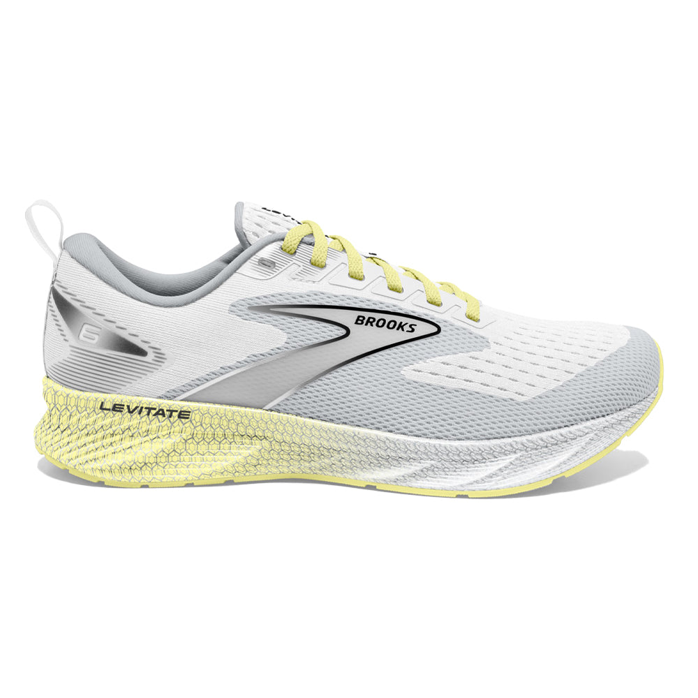 Women's Brooks Levitate 6, White/Oyster/Yellow, 9.5 B Medium